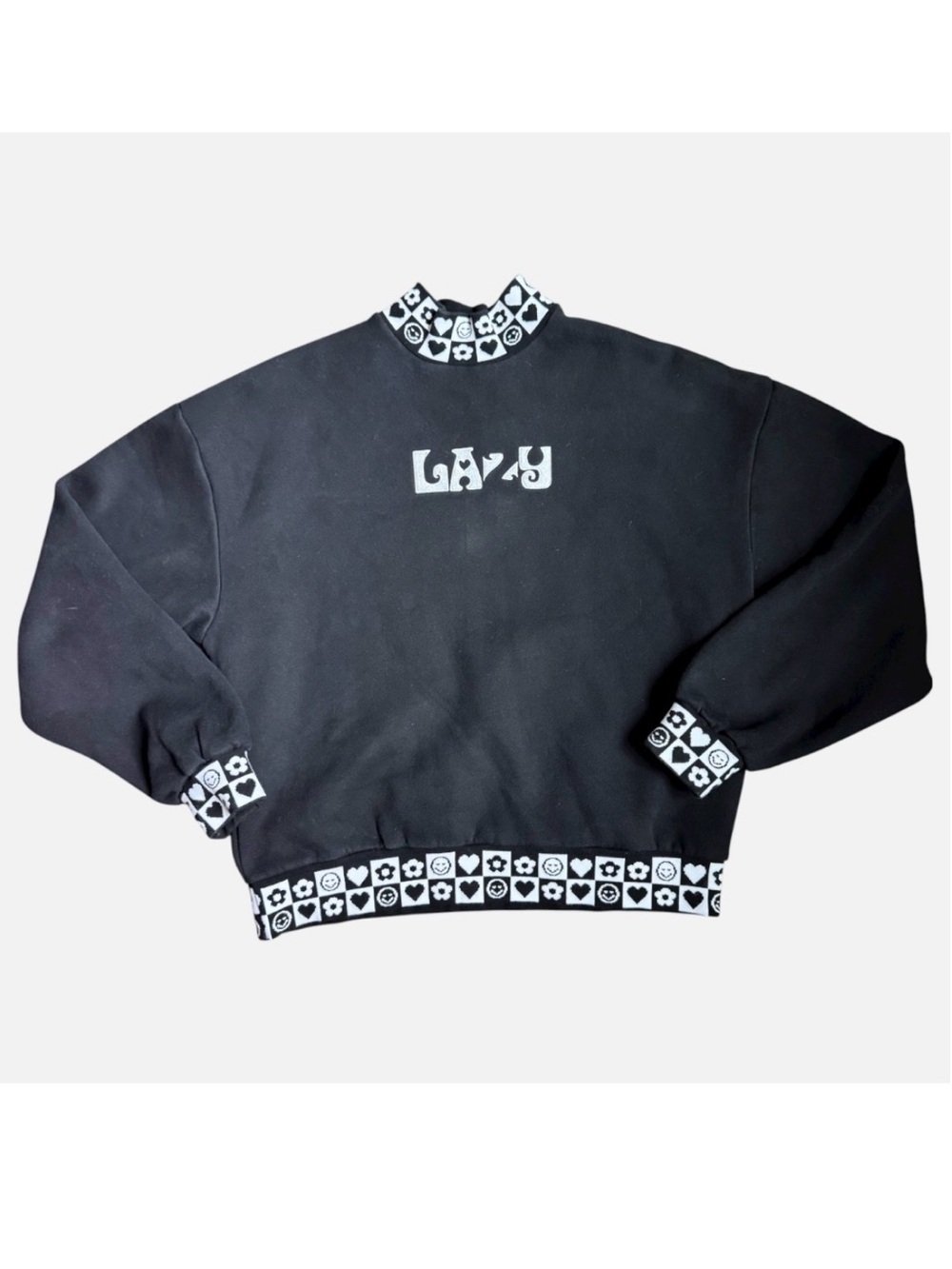 Lazy Oaf Black Sweatshirt Hearts Monochrome Mockneck y2k Women’s Small Medium - Picture 2 of 9